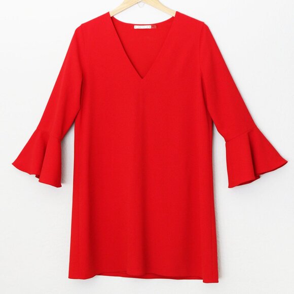 Alice + Olivia Red 3/4 Bell Sleeves V Neck Mini Shift Dress - Picture 6 of 16
